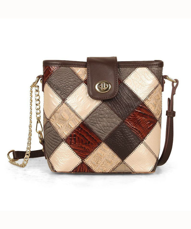 Dam Elegant Kalvläder Messenger Bag med Rutig Patchwork och Inuti Fickor