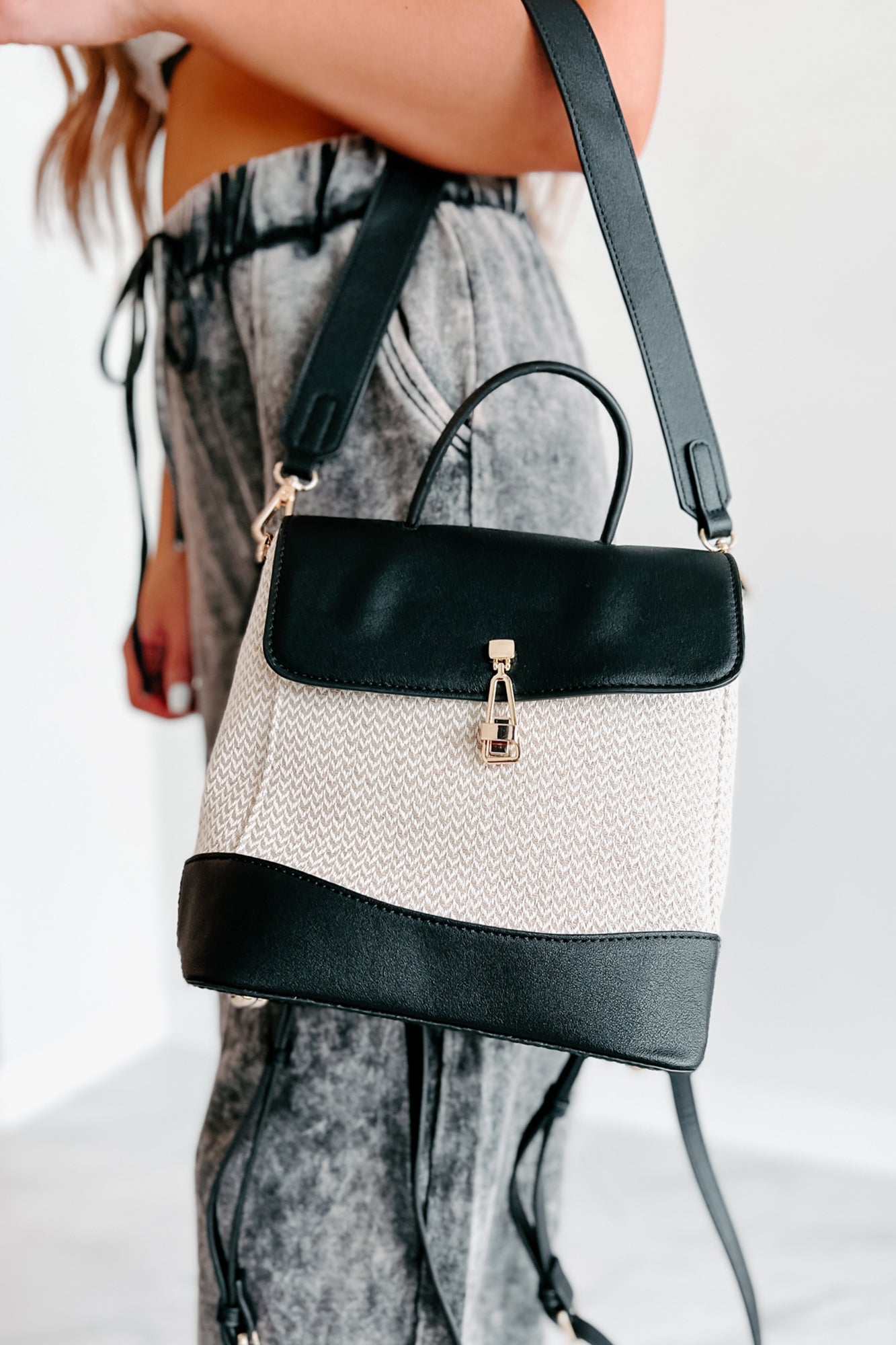 Dam Mångsidig Canvas Ryggsäck med Chevronmönster och Avtagbara Remmar