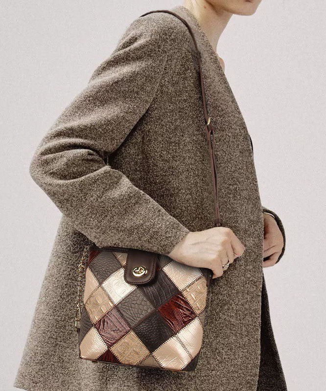 Dam Elegant Kalvläder Messenger Bag med Rutig Patchwork och Inuti Fickor