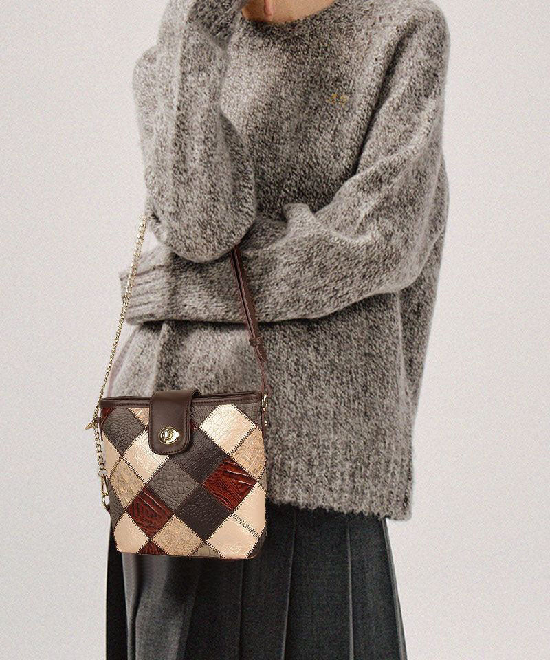 Dam Elegant Kalvläder Messenger Bag med Rutig Patchwork och Inuti Fickor