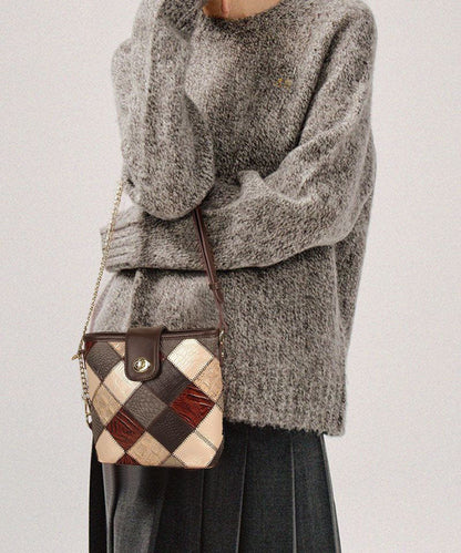 Dam Elegant Kalvläder Messenger Bag med Rutig Patchwork och Inuti Fickor