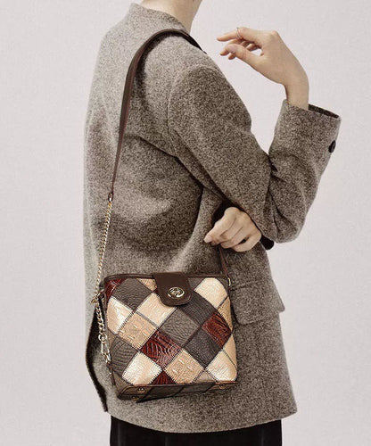 Dam Elegant Kalvläder Messenger Bag med Rutig Patchwork och Inuti Fickor