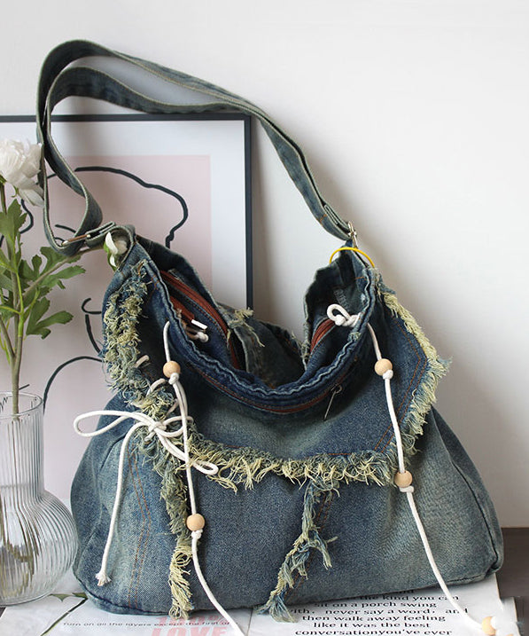 Dam Chic Denim Väska med Fransar och Inre Fickor