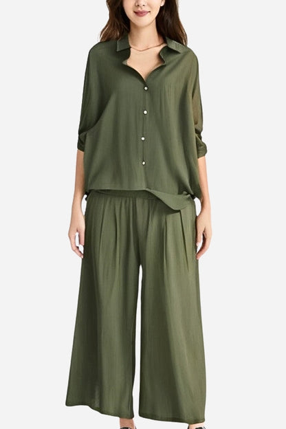 Dam Linne Set med Lång Skjorta och Palazzo Byxor