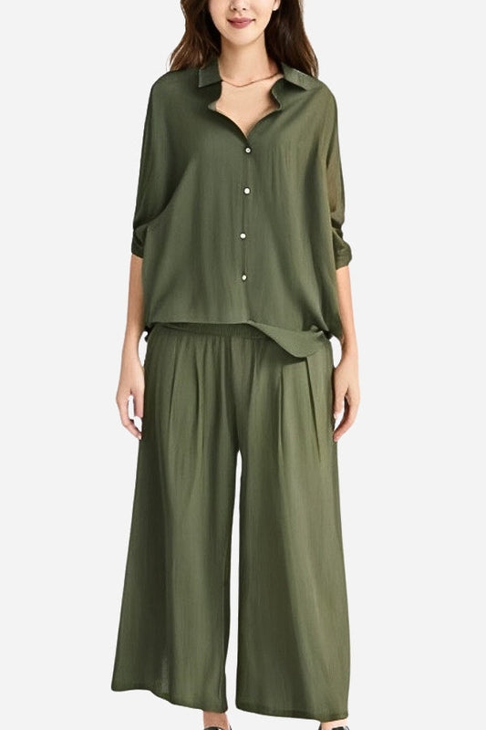 Dam Linne Set med Lång Skjorta och Palazzo Byxor