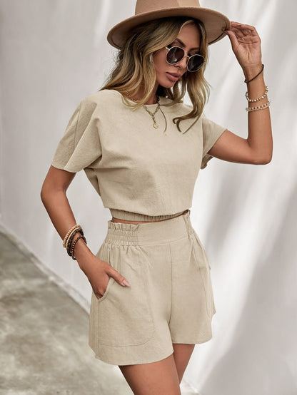 Dam Tvådelad Set med Rund Hals och Elastisk Midja