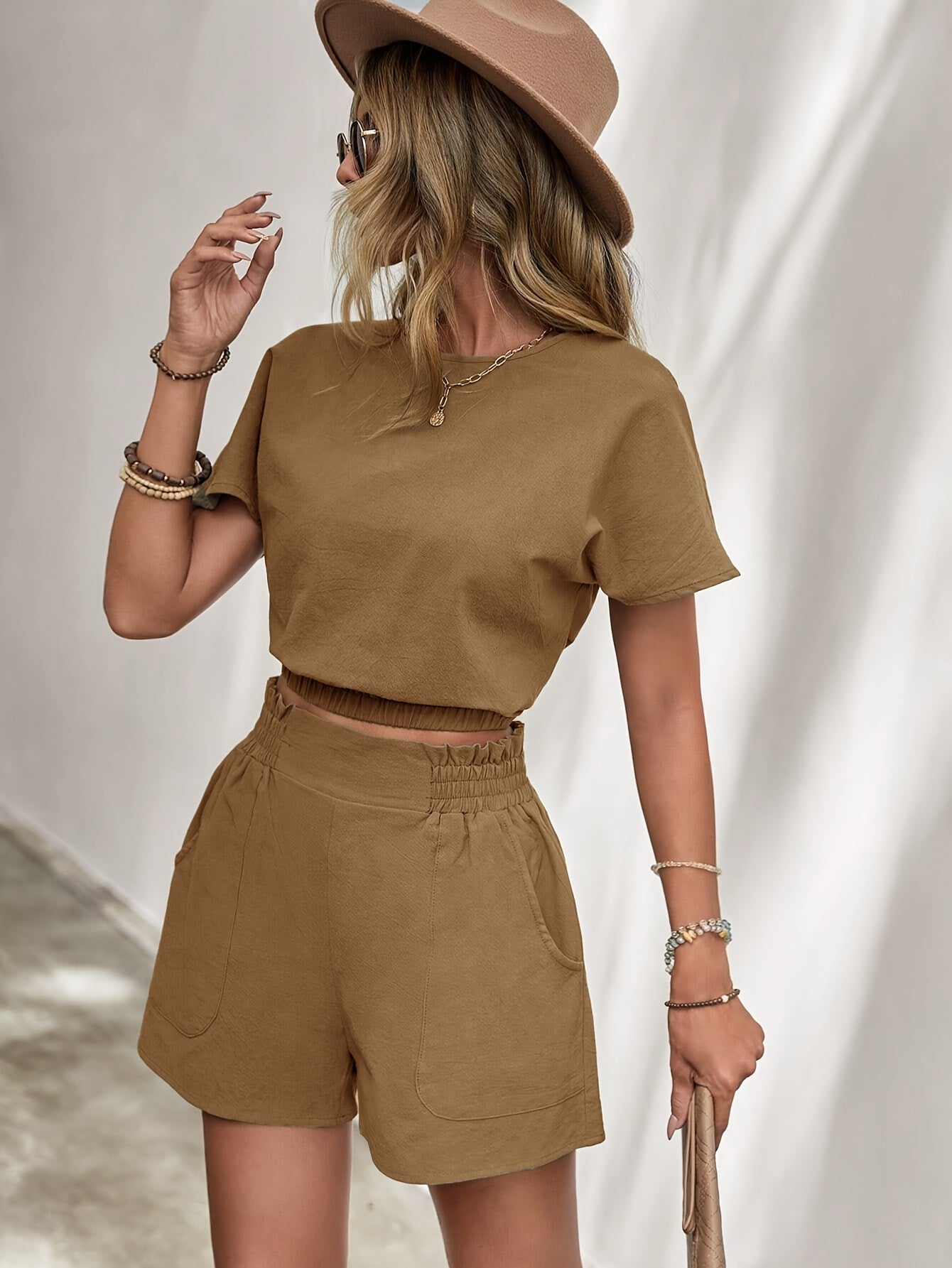 Dam Tvådelad Set med Rund Hals och Elastisk Midja