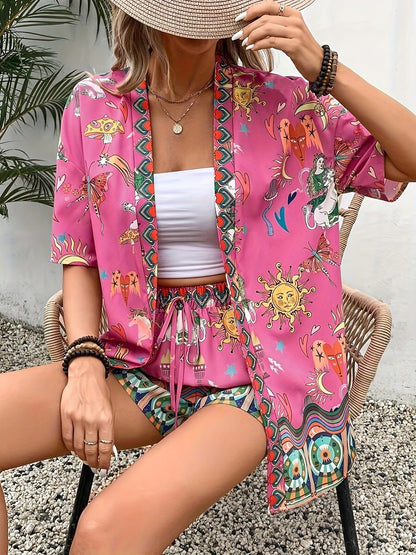 Dam Tvådelat Set med Blommigt Mönster och Justerbar Midja