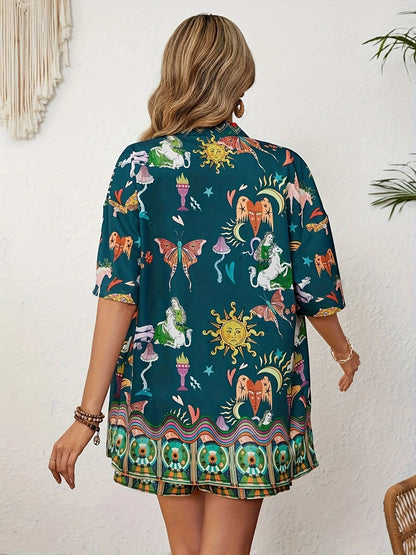 Dam Tvådelat Set med Blommigt Mönster och Justerbar Midja