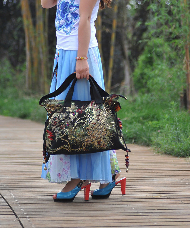 Dam Etnisk Broderad Canvas Axelväska med Justerbar Axelrem