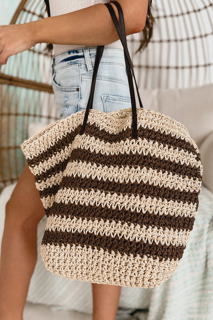 Dam Elegant Halmtot med Randigt Mönster och Faux Läder Axelremmar