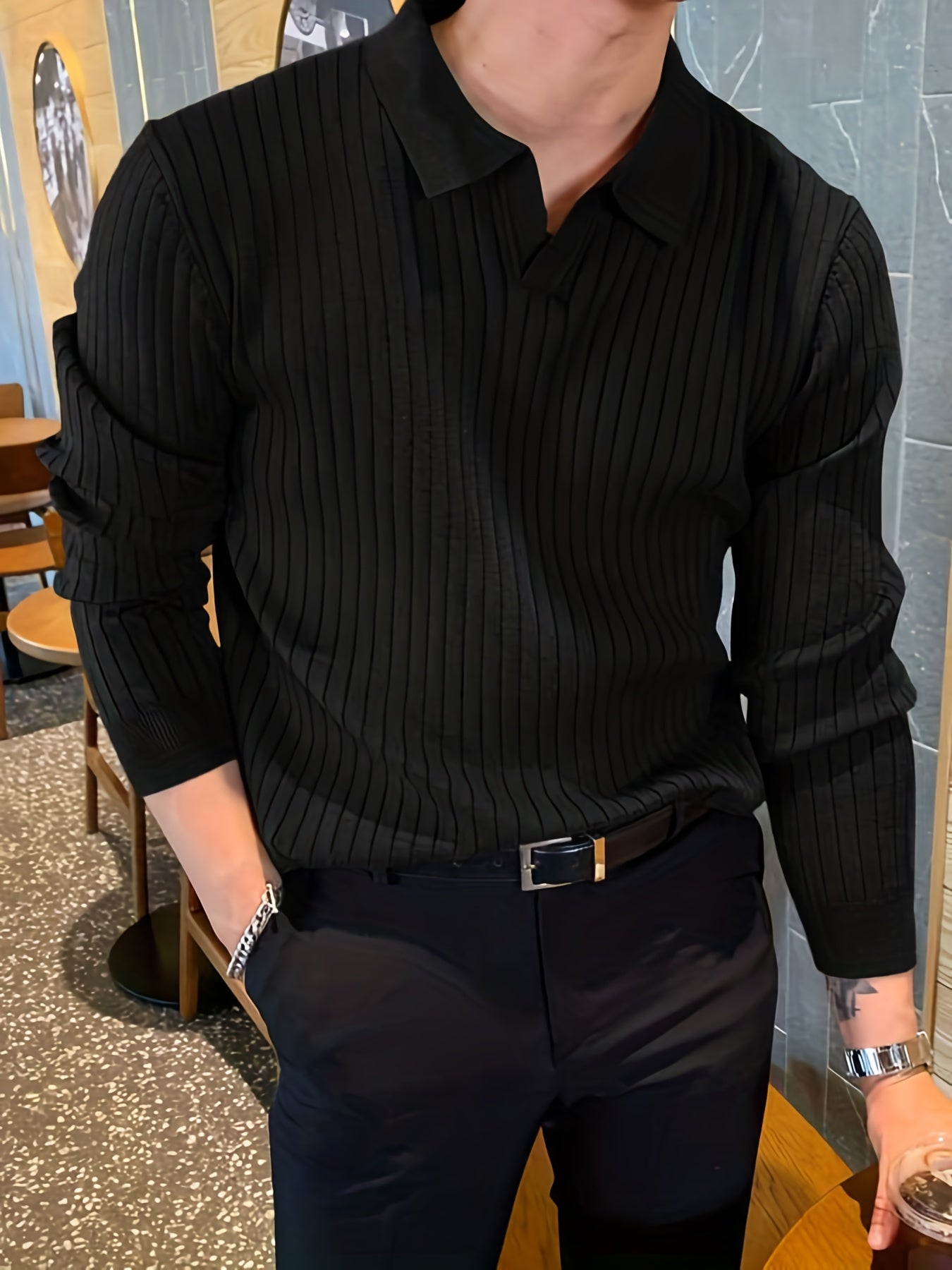 Herr V-Hals Pullover med Stickad Utformning