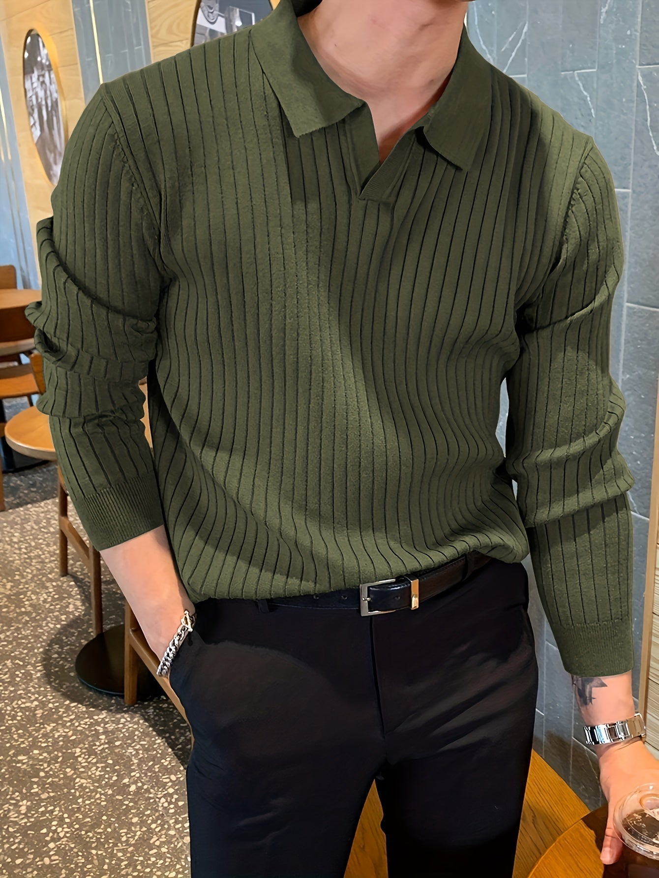 Herr V-Hals Pullover med Stickad Utformning