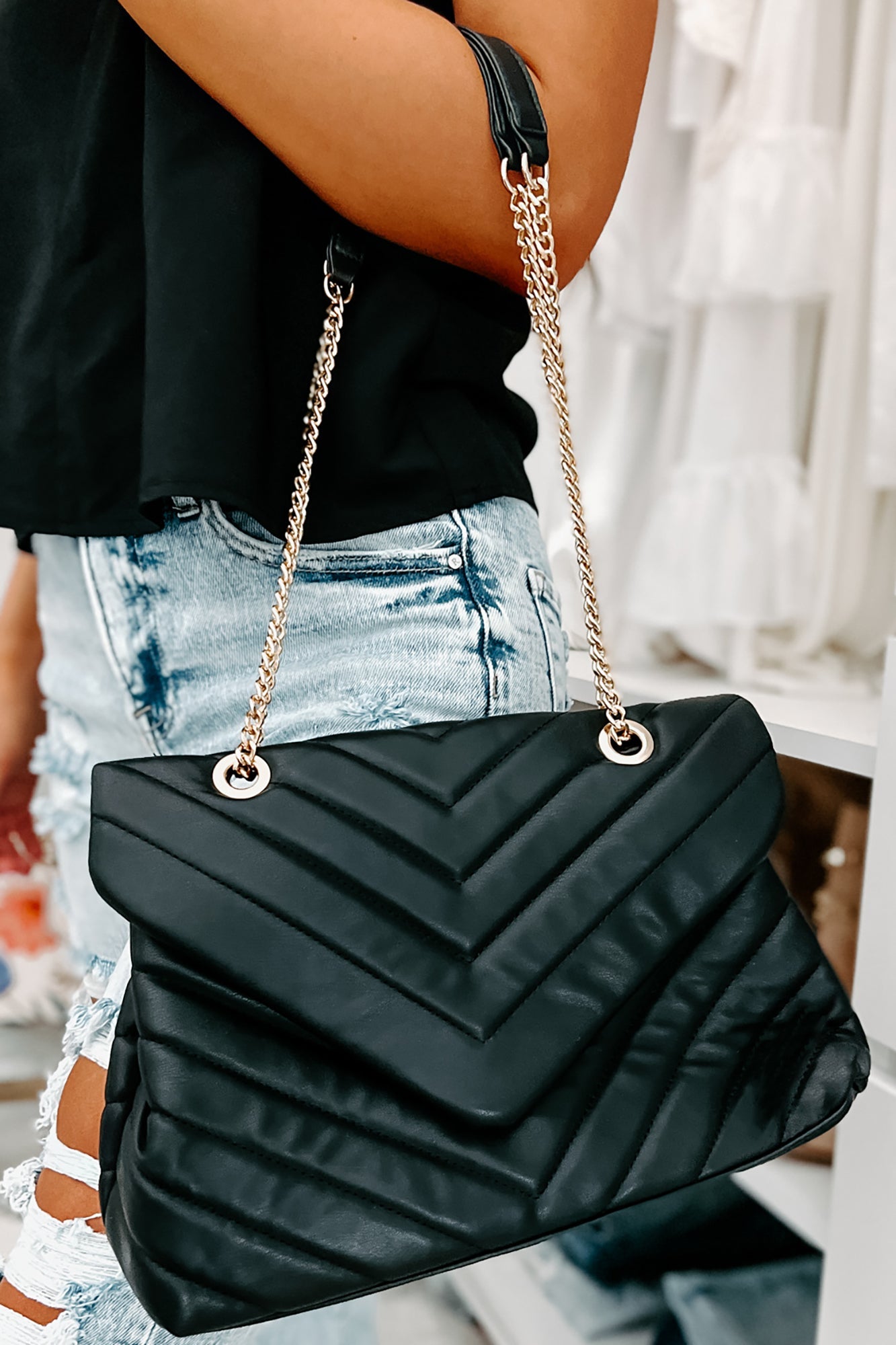 Dam Chic Quiltet Fuskeskinn Håndveske med Gull Maskinvare