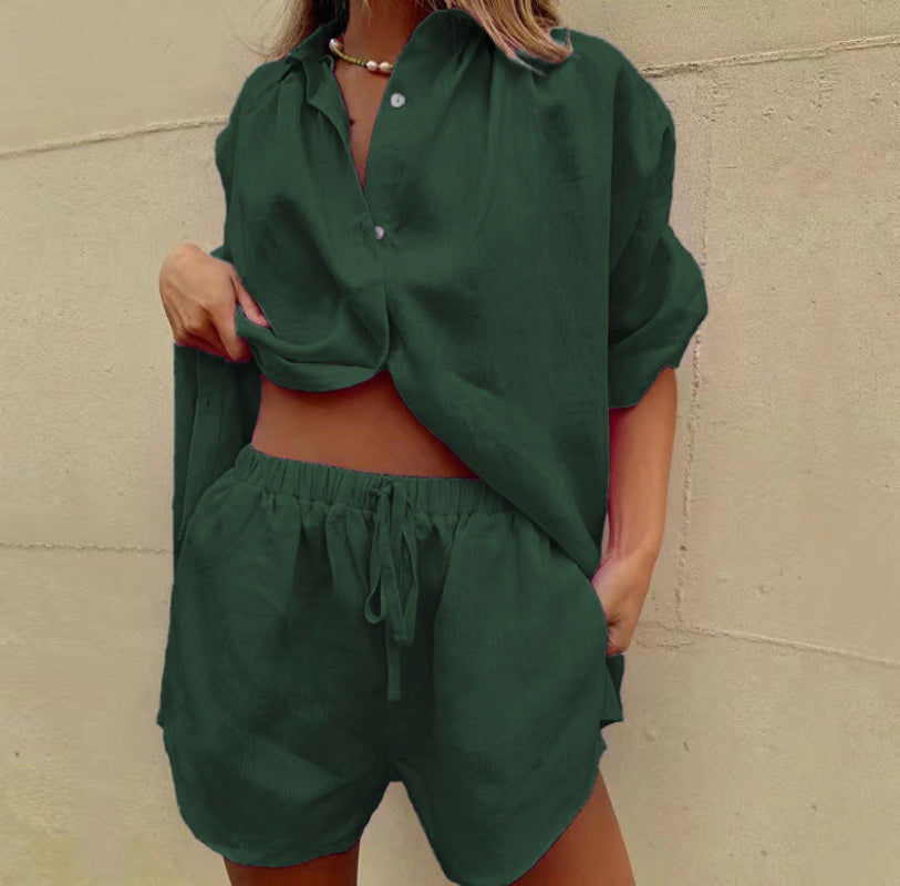 Dam Tvådelat Set | Shorts med Hög Midja & Skjorta med Knäppning