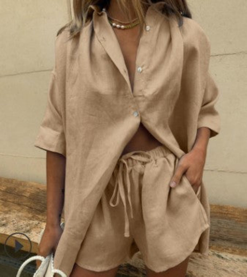 Dam Tvådelat Set | Shorts med Hög Midja & Skjorta med Knäppning