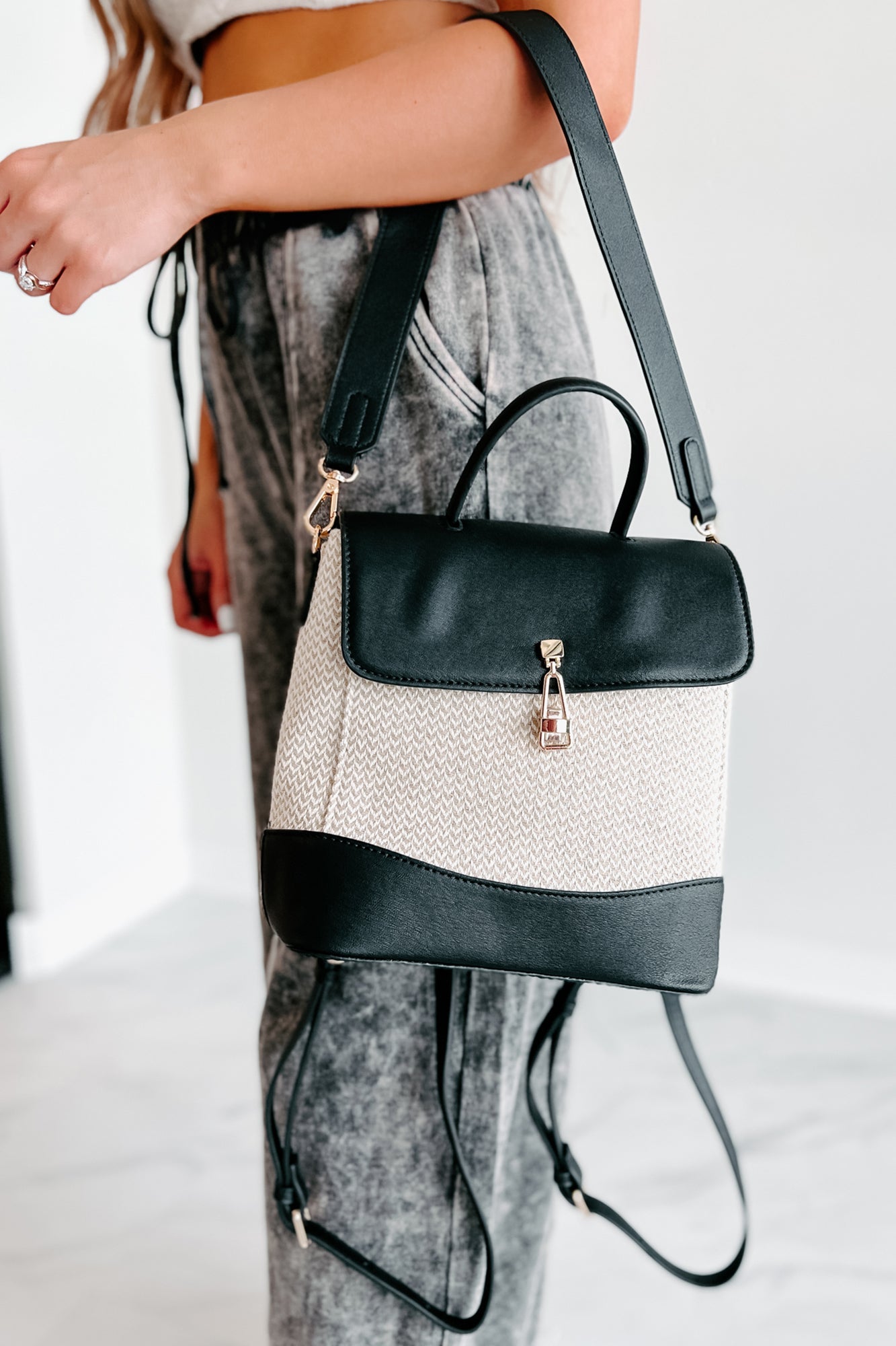 Dam Mångsidig Canvas Ryggsäck med Chevronmönster och Avtagbara Remmar