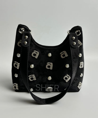 Dam Elegant Siden Axelväska med Strassdetaljer och Zip-Up Stängning