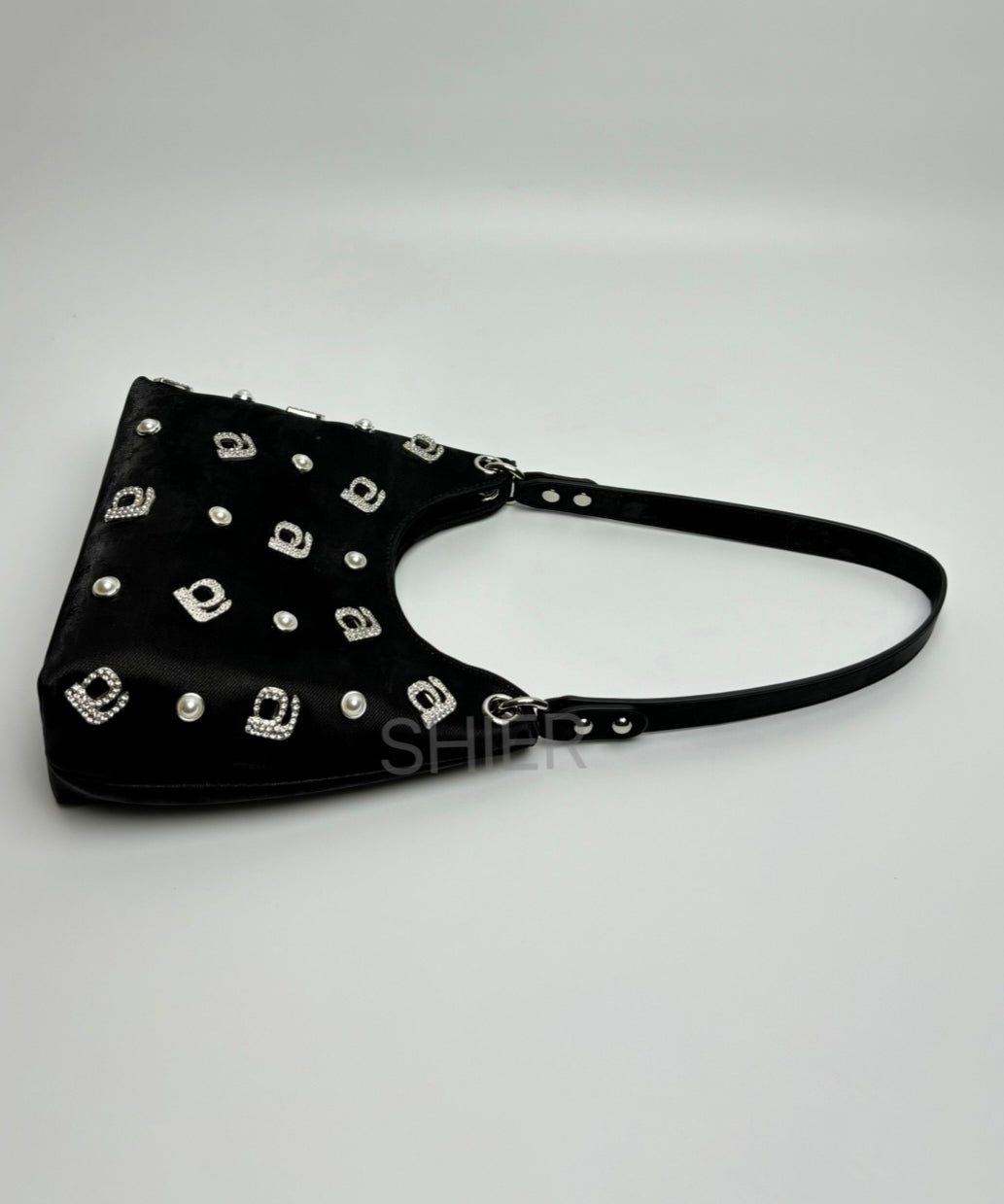 Dam Elegant Siden Axelväska med Strassdetaljer och Zip-Up Stängning