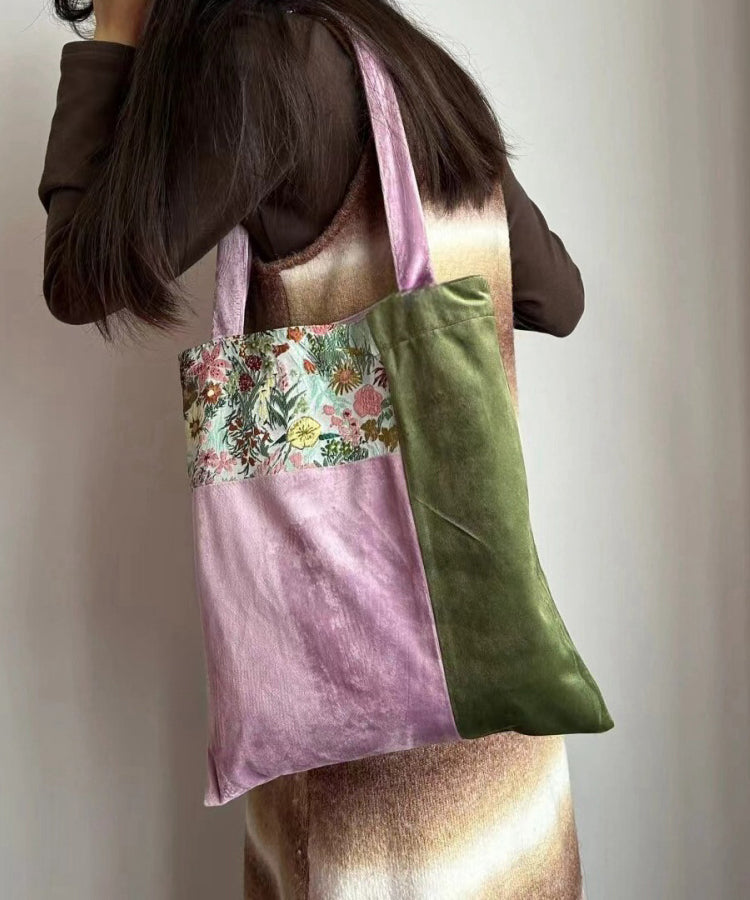 Dame Elegant Velour Skulderveske med Justerbar Skulderrem og Fargeblokkmønster