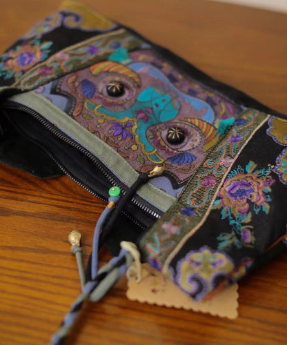 Dam Etnisk Broderad Axelväska i Linne med Fickor