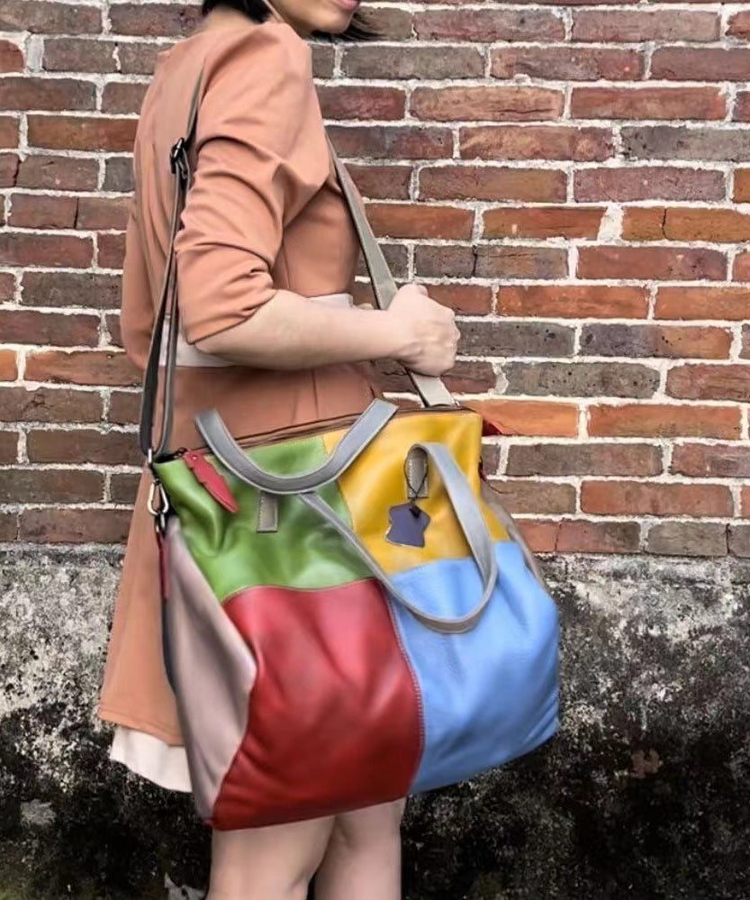 Dam Retro Kalvläder Crossbody Väska med Lapptäcksmönster