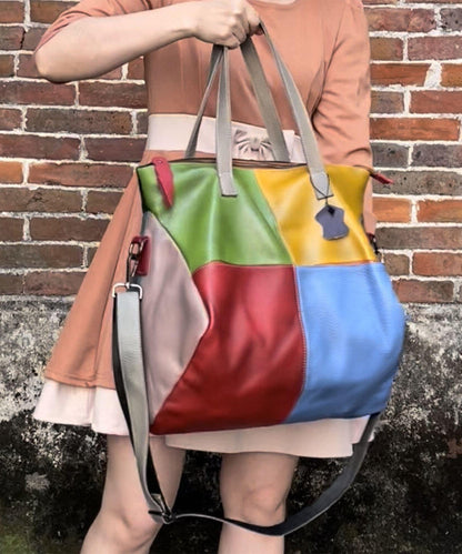 Dam Retro Kalvläder Crossbody Väska med Lapptäcksmönster