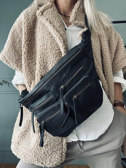 Unisex kul lærmagetaske med glidelås