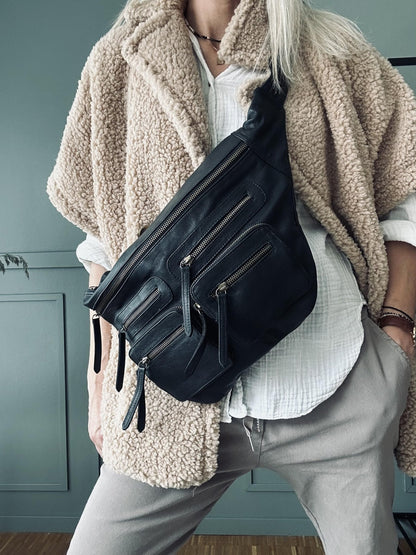 Unisex kul lærmagetaske med glidelås