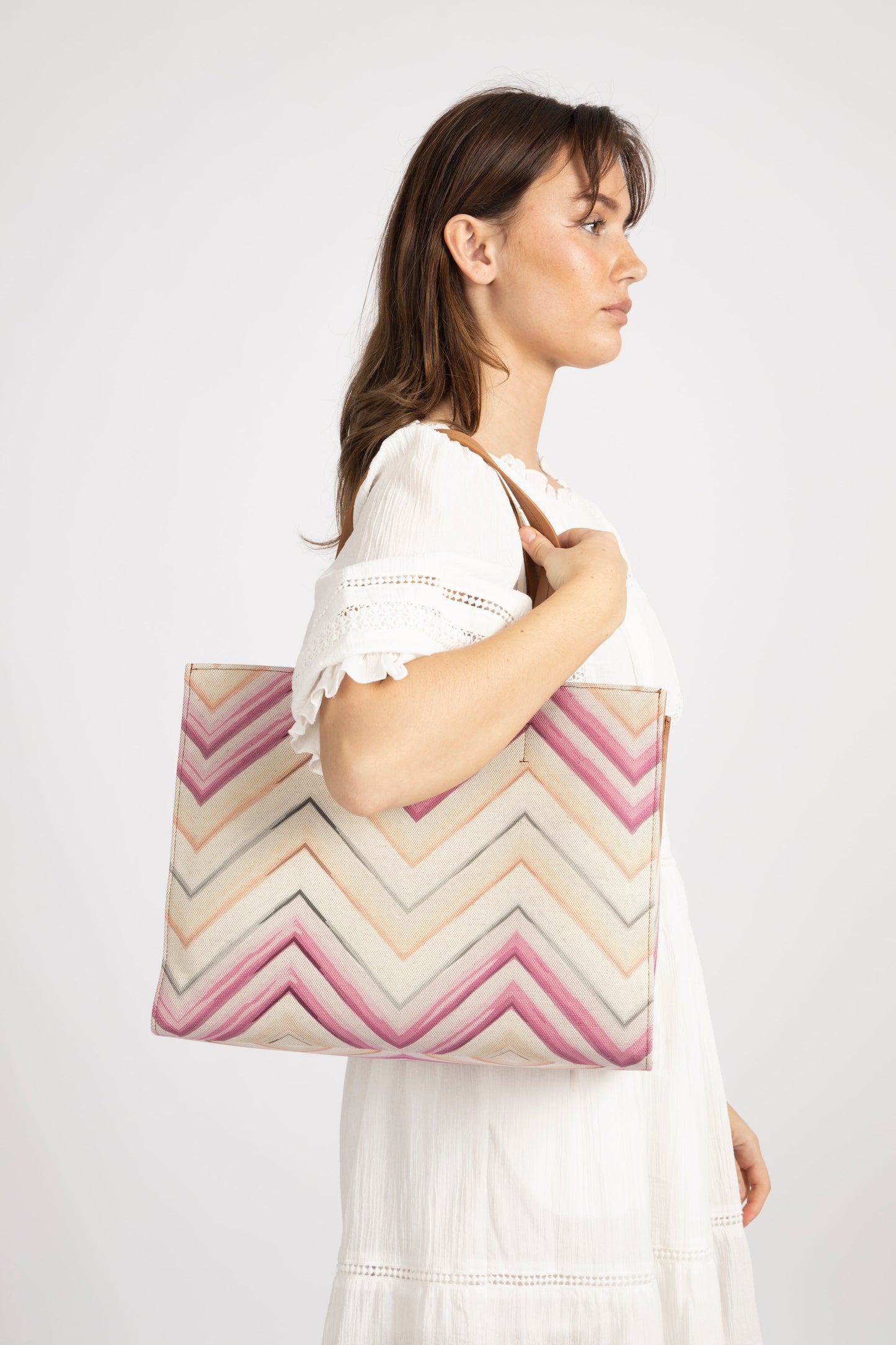 Dam Elegant Canvas Tote Veske med Lærremmer og Glidelåslomme