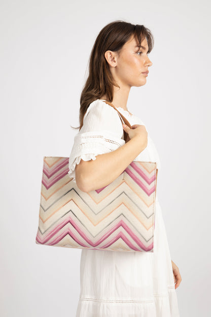 Dam Elegant Canvas Tote Veske med Lærremmer og Glidelåslomme