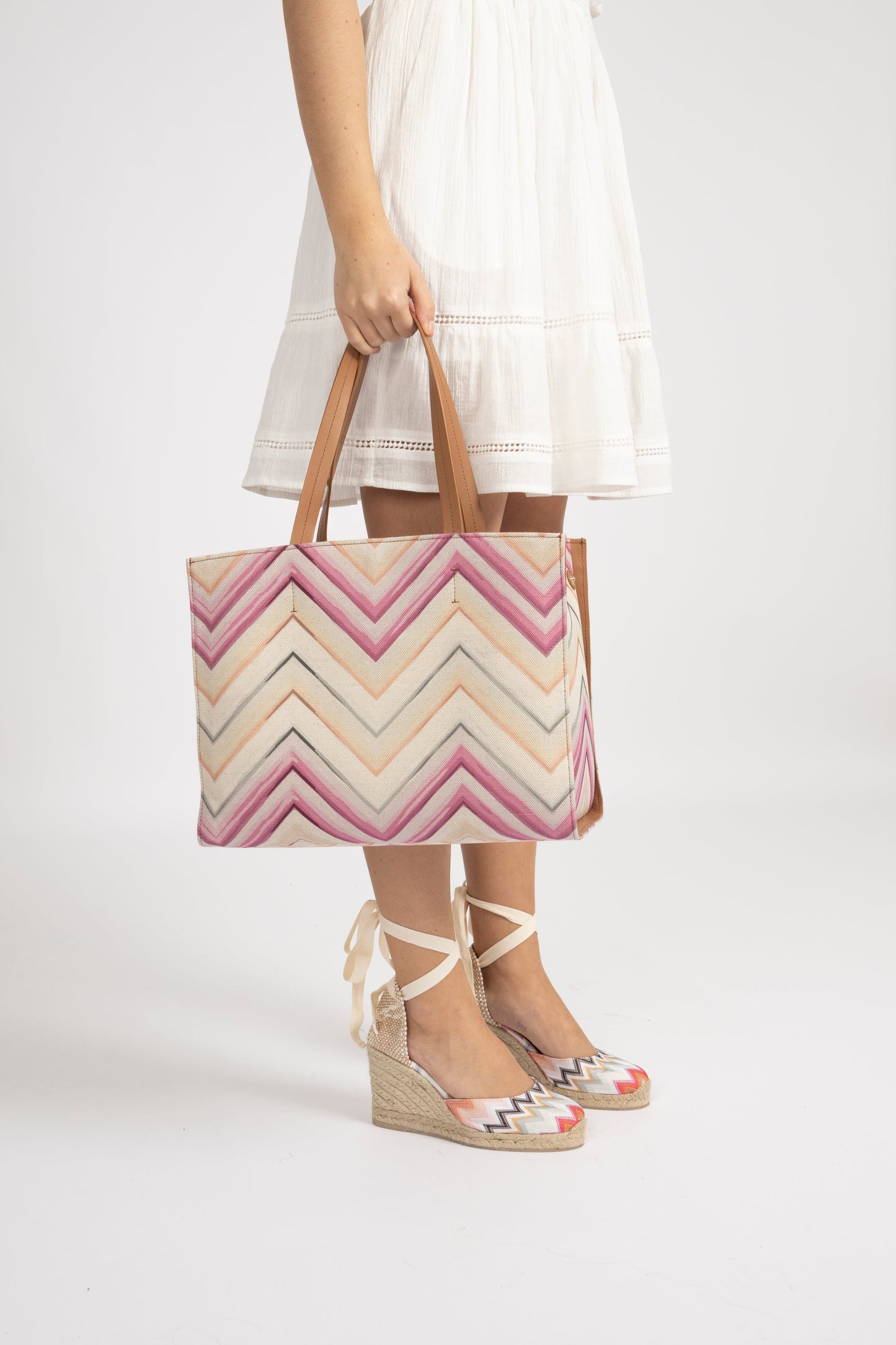 Dam Elegant Canvas Tote Veske med Lærremmer og Glidelåslomme