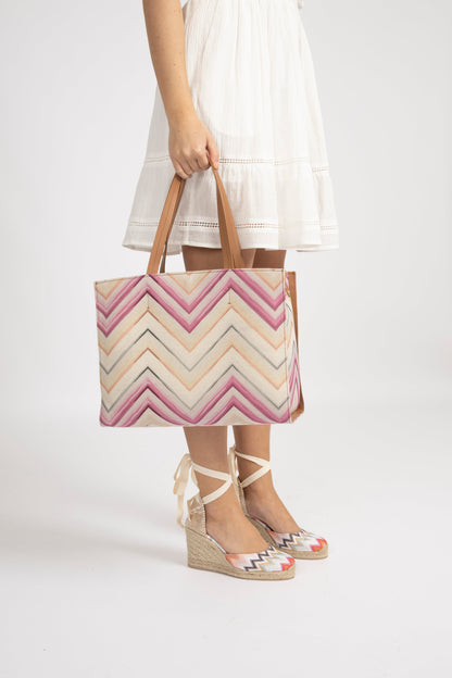 Dam Elegant Canvas Tote Veske med Lærremmer og Glidelåslomme